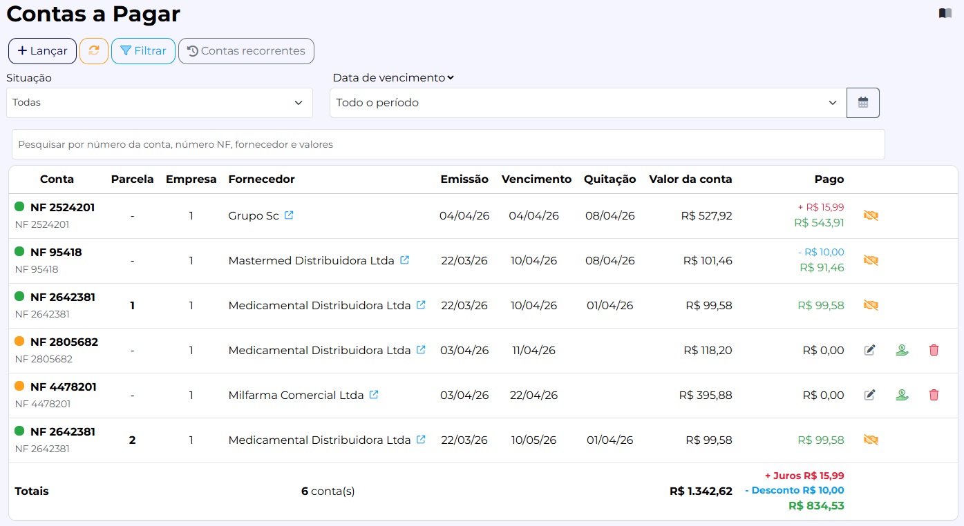 Tela de contas a pagar no MaxFlow