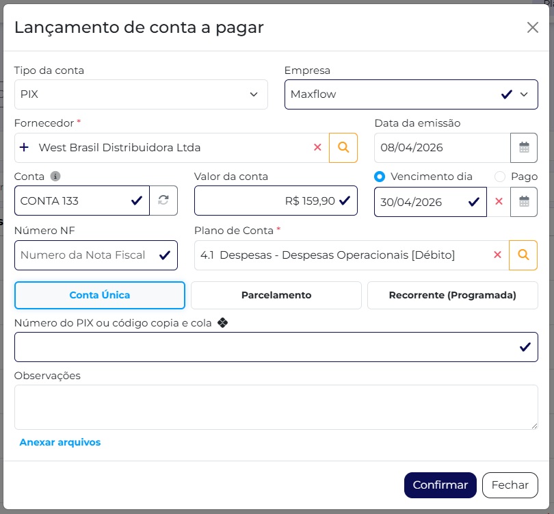 Lista de contas a pagar no MaxFlow