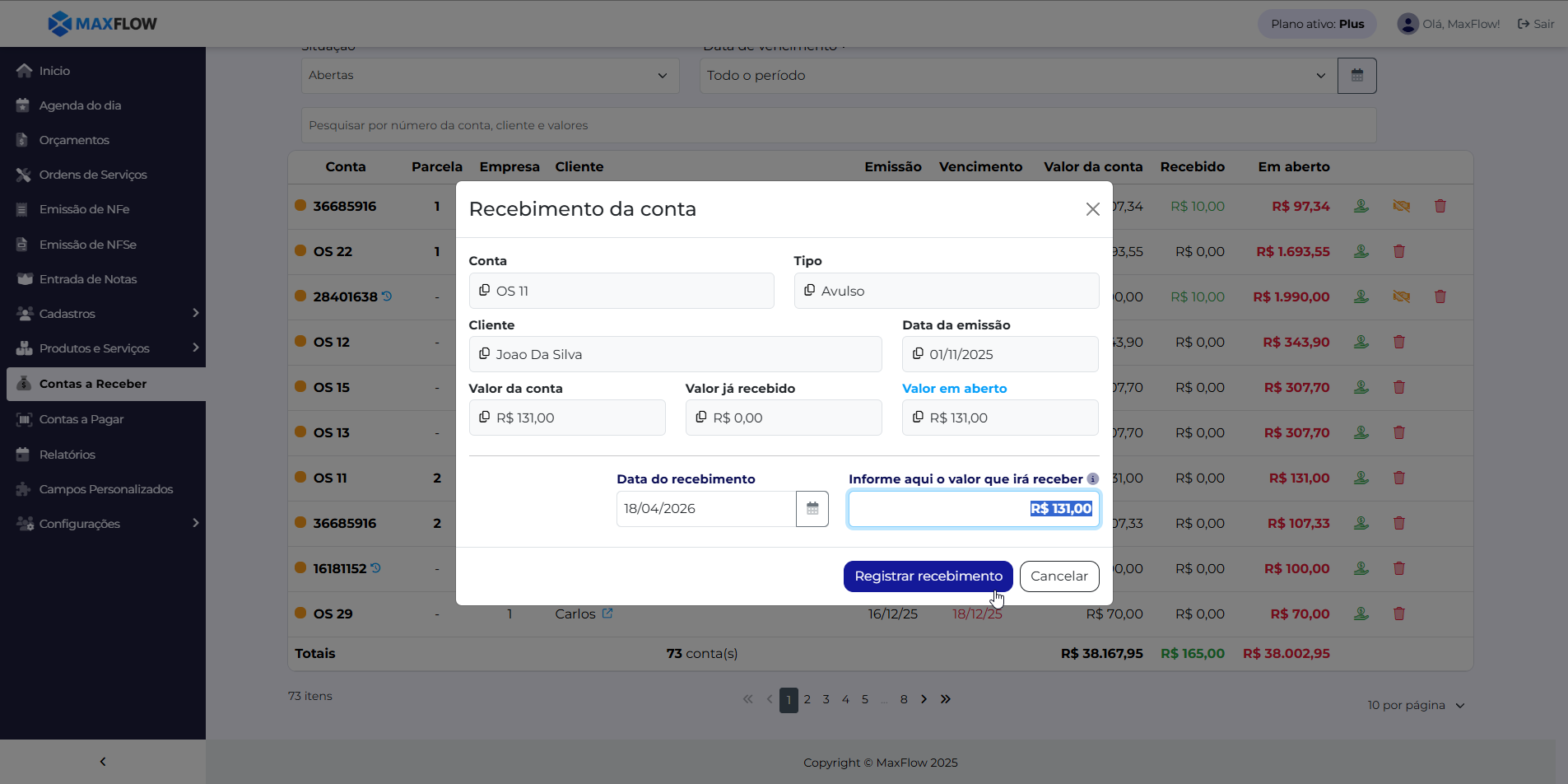 Recebendo a conta no MaxFlow