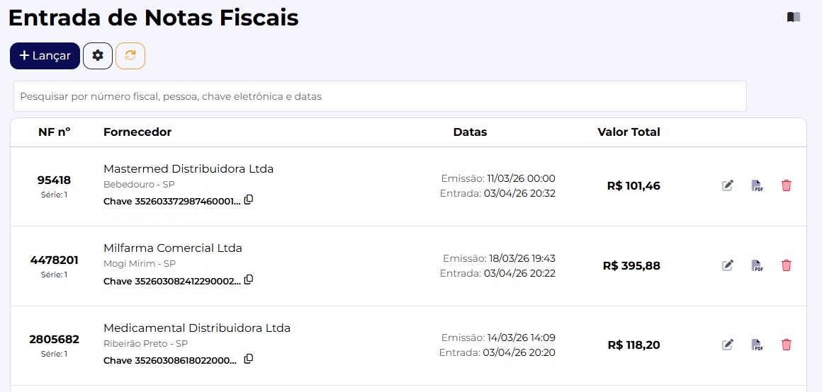 Lista de notas fiscais de entrada no MaxFlow