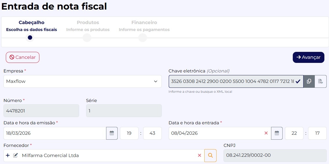 Cadastro de entrada de nota fiscal por chave eletrônica ou XML no MaxFlow