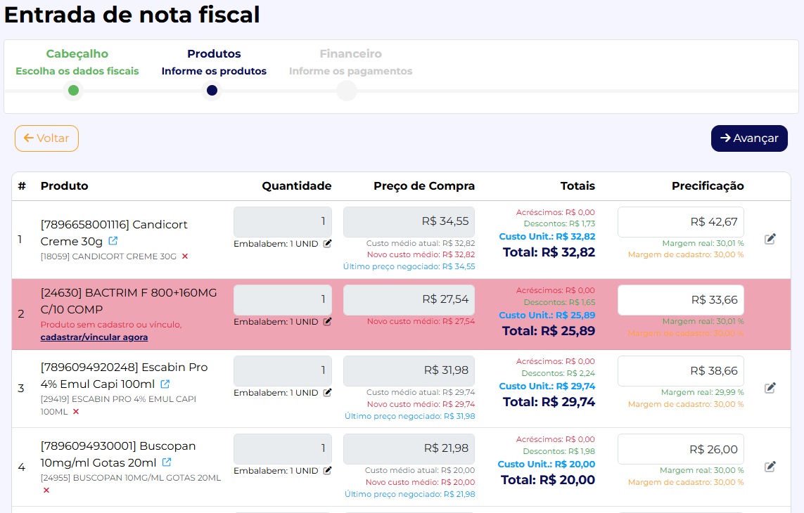 Produtos da nota de entrada com custo médio e precificação no MaxFlow