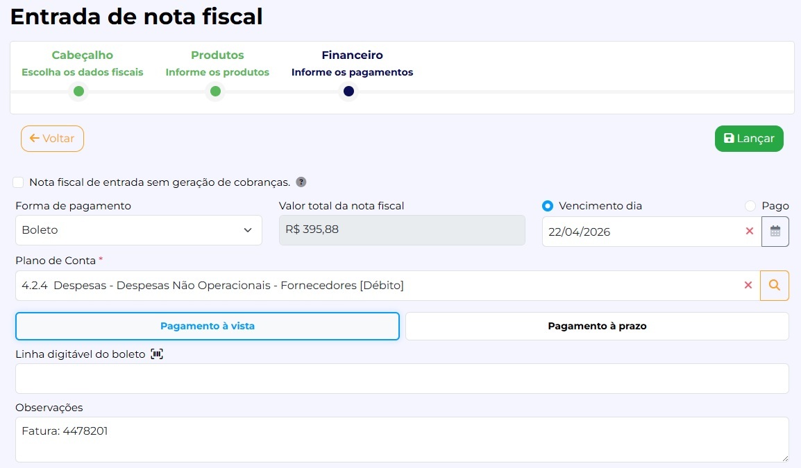 Financeiro da nota fiscal de entrada com vencimento e plano de contas no MaxFlow