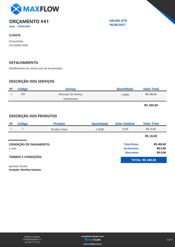 Detalhes de orçamento no MaxFlow